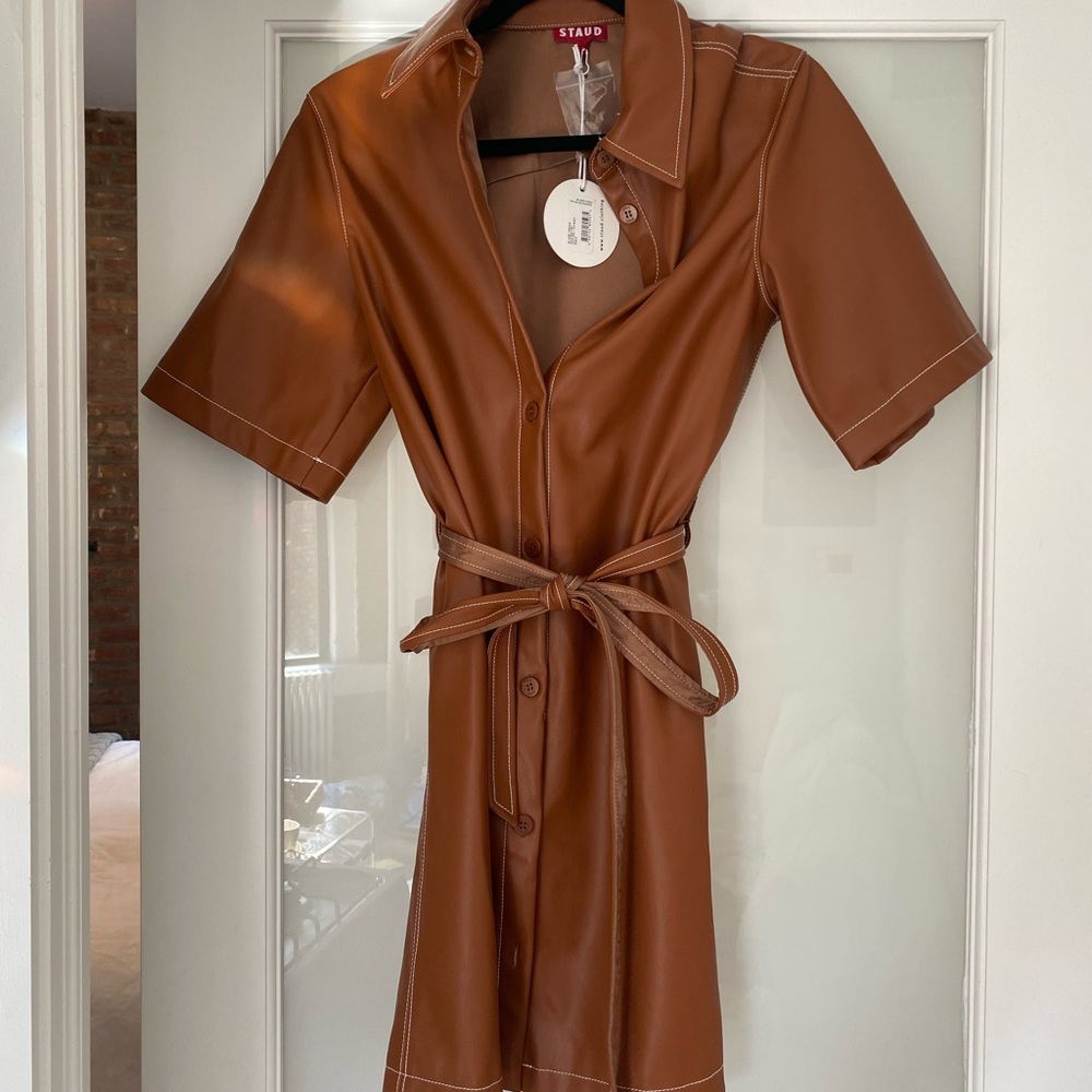STAUD Blaze Faux-leather Belted Dress In Whiskey